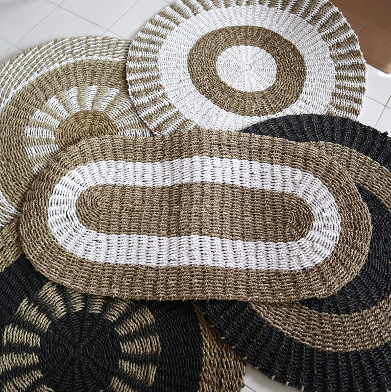 Овальний Килим з Морської Трави Білий та Бежевий 60x120 см- Класичний