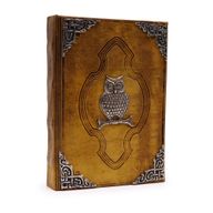 Записна Книга з Кавово-Коричневої Шкіри із Необрізаним Краєм - Декор з Цинку "Сова" 26×18 см