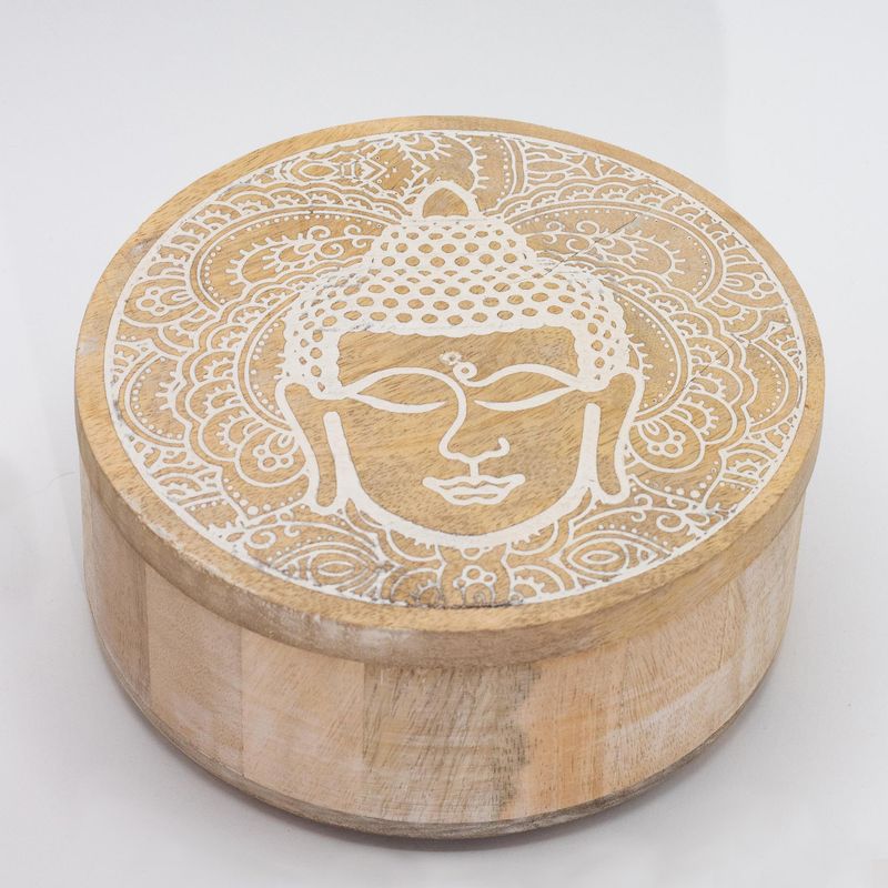 Велика Кругла Шкатулка 17,5×7,5 см - Обличчя Будди - Вибілена