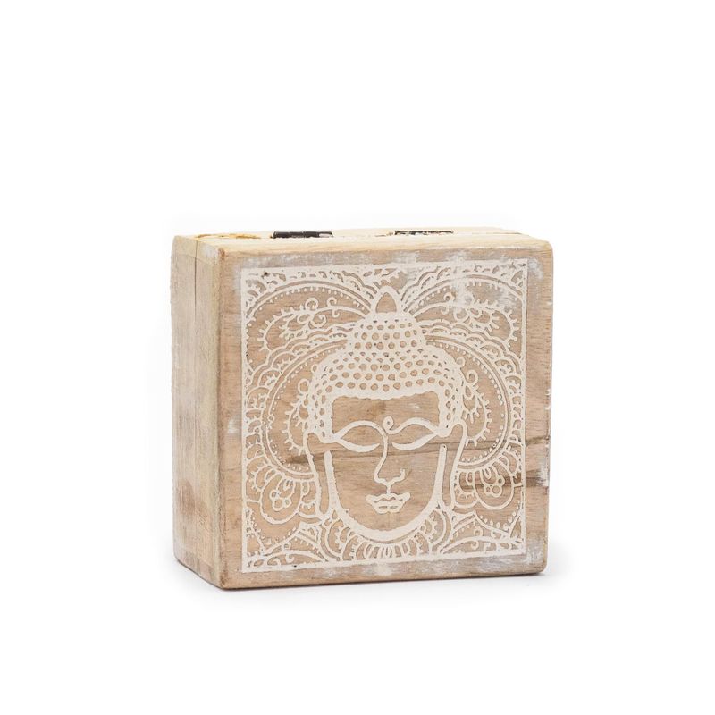 Мала Дерев'яна Шкатулка 10x10х4,2 см - Обличчя Будди - Вибілена