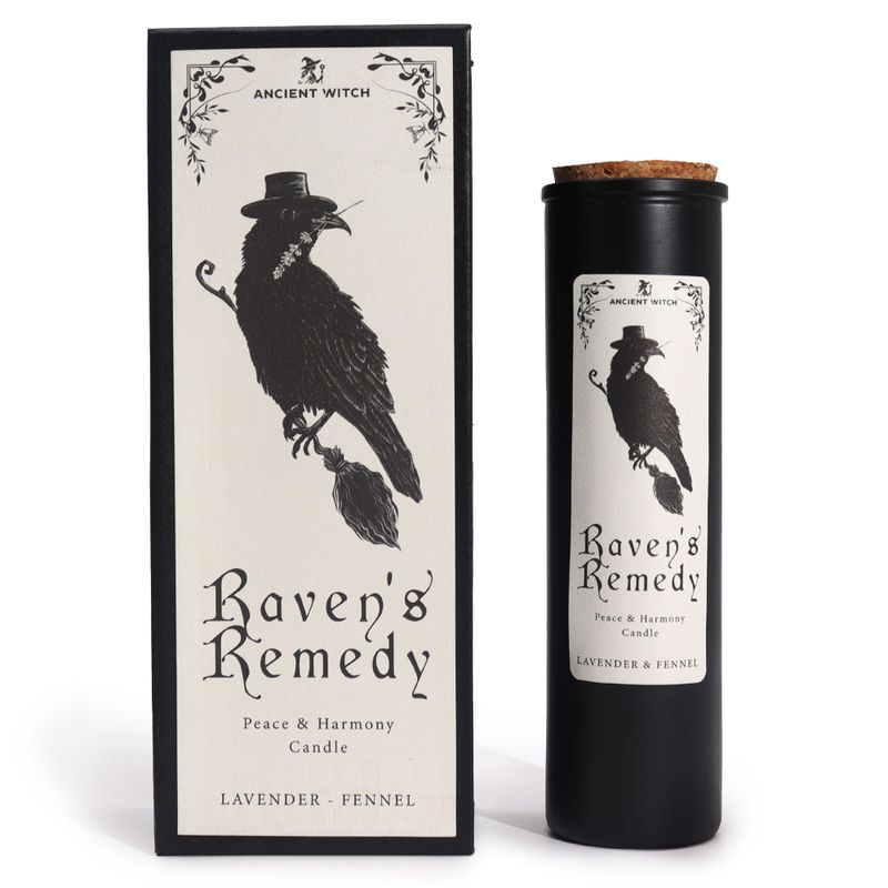 Raven's Remedy стародавня відьомська ритуальна свічка та відповідна подарункова коробка, вид спереду