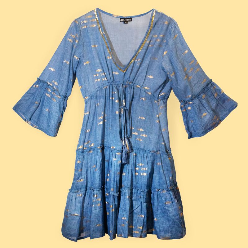 Nomad Sari  - Сукня з Ручним Розписом "Золоті Рибки" M/L - Золотий, Глибокий Синій