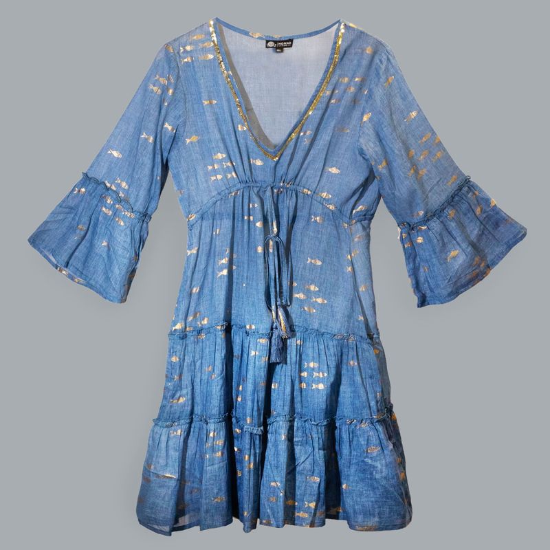 Nomad Sari  - Сукня з Ручним Розписом "Золоті Рибки" M/L - Золотий, Глибокий Синій