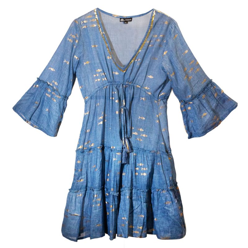Nomad Sari  - Сукня з Ручним Розписом "Золоті Рибки" M/L - Золотий, Глибокий Синій