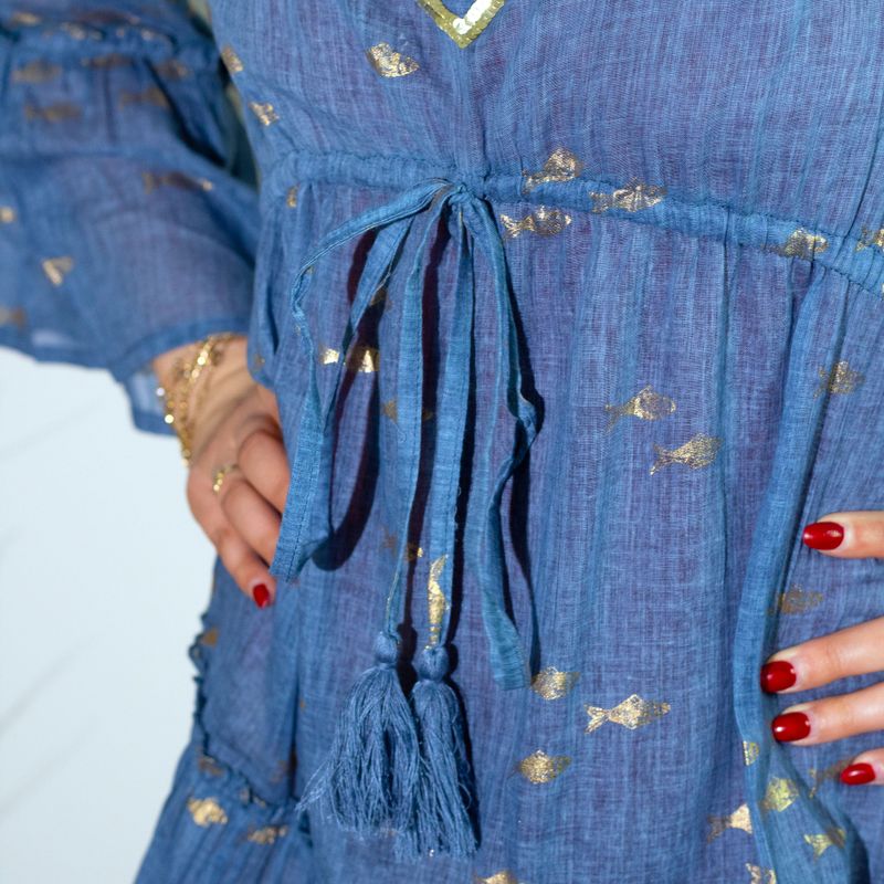 Nomad Sari  - Сукня з Ручним Розписом "Золоті Рибки" M/L - Золотий, Глибокий Синій