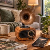 Ретро міні-грамофонний динамік — Bluetooth та FM-радіо — 5 Вт × 1